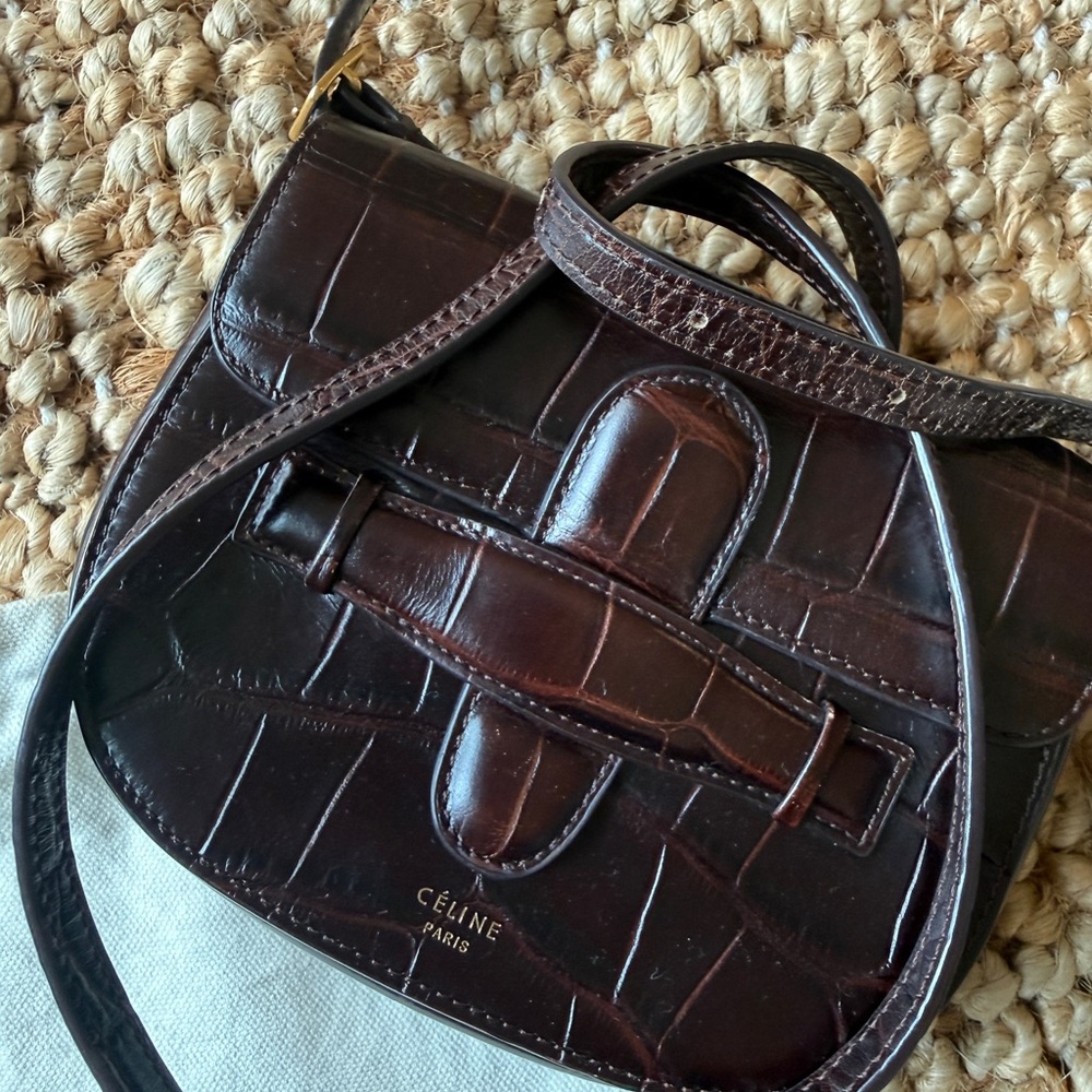 Celine Dark Brown Croc-Embossed Leather Crossbody Bag